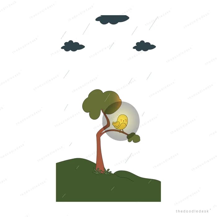 Small bent tree on a dark hill holding a glowing lantern under stormy clouds