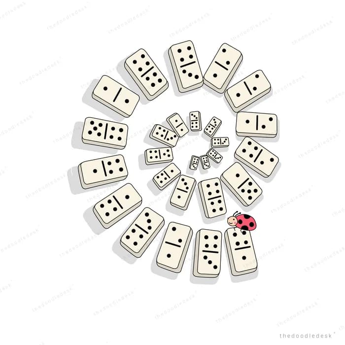 Spiral of toppling dominoes with a ladybug at the outer end