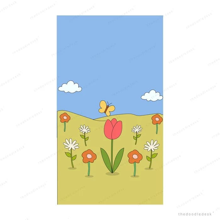 Patch of daisies and a red tulip with a butterfly on a green field