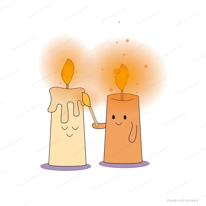 One lit candle character passing its flame to another candle