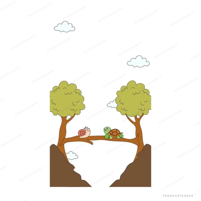 Two trees on facing cliff edges joined by a branch with birds meeting in the middle