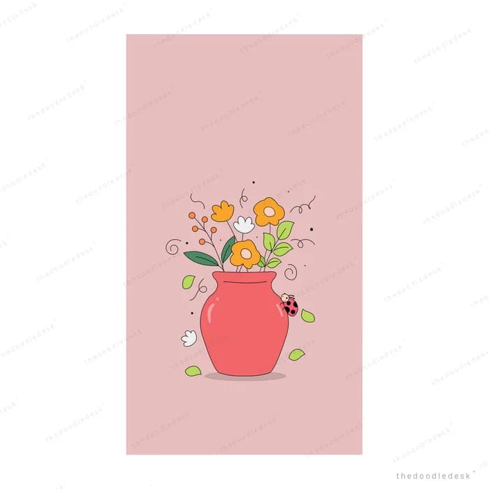 Red vase filled with bright flowers with a ladybug on the rim