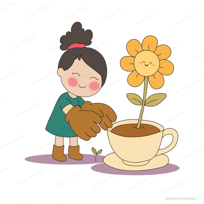 Girl pouring soil into a teacup planter where a smiling sunflower grows