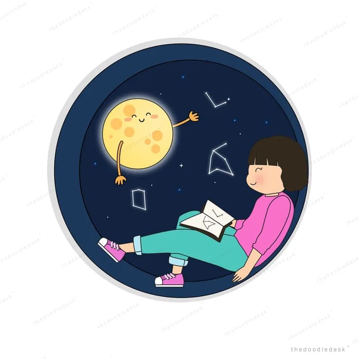 Girl reading a book beside a glowing moon inside a round night sky scene