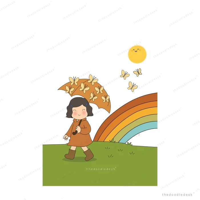 Girl in a brown coat walking on grass with a leaf patterned umbrella beside a rainbow