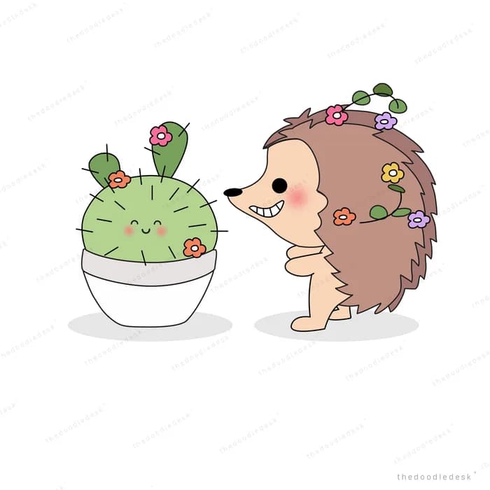 Smiling potted cactus and a flower covered hedgehog facing each other