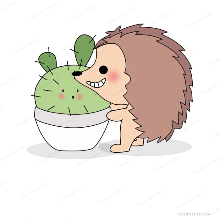 Potted cactus and hedgehog nestled close together grinning