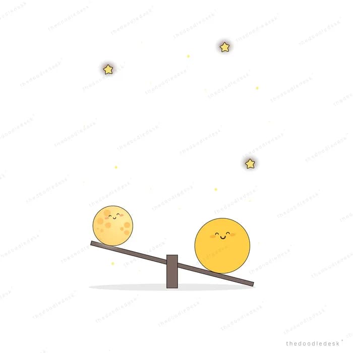 Two smiling moons tipping on a seesaw with small stars floating above