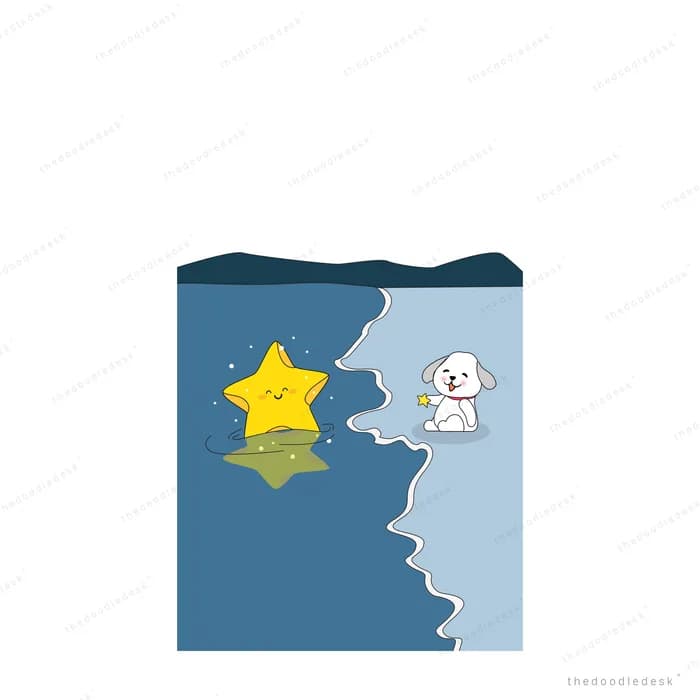Fallen yellow star floating in dark water while a white dog watches from the shore