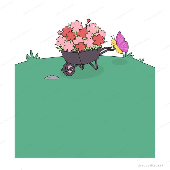 Wheelbarrow heaped with pink flowers on a green hill with a butterfly