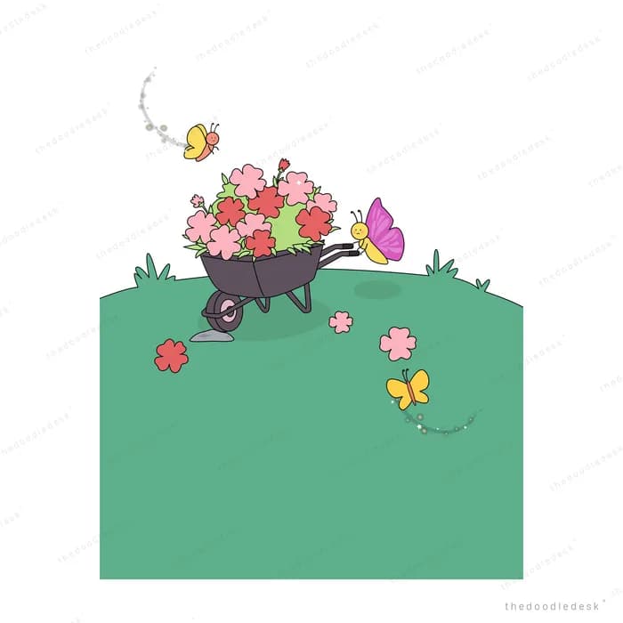 Flower filled wheelbarrow on a green hill scattered with blossoms and butterflies