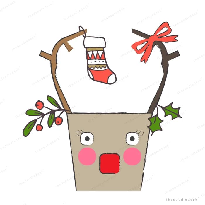 Reindeer face bucket with twig antlers holding a christmas stocking and berries