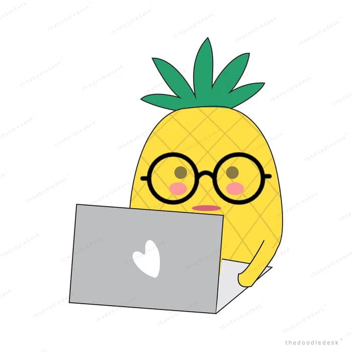 Pineapple character in round glasses working at a laptop