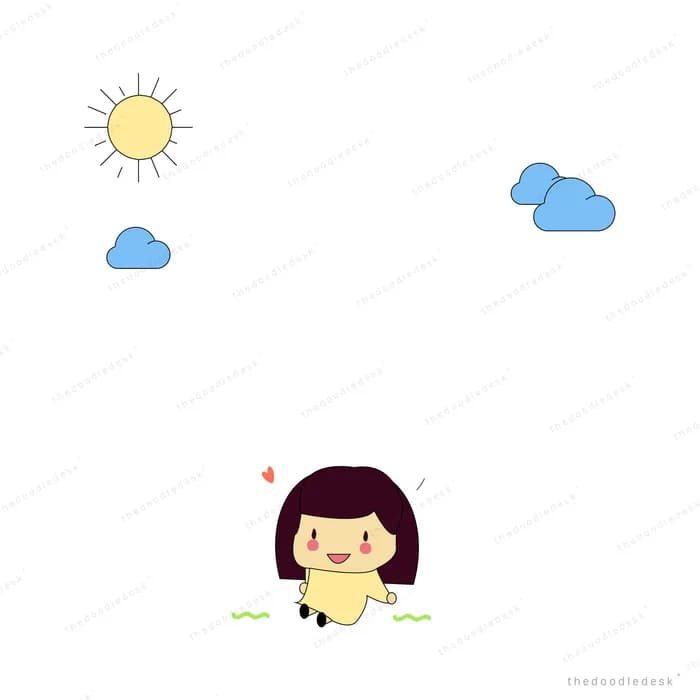 Small girl in a yellow dress standing on grass under a sun and clouds