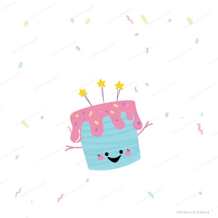Smiling birthday cake with star candles surrounded by confetti