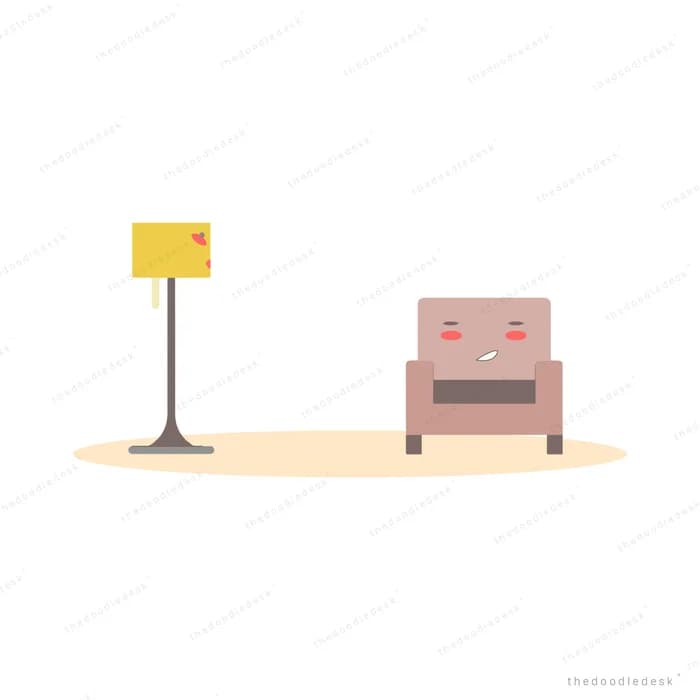 Empty pink armchair beside a floor lamp on a pale rug