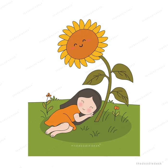 Girl in orange asleep on the grass beneath a tall smiling sunflower