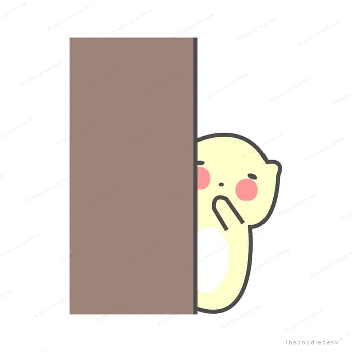 Pale creature peeking shyly out from behind a brown door