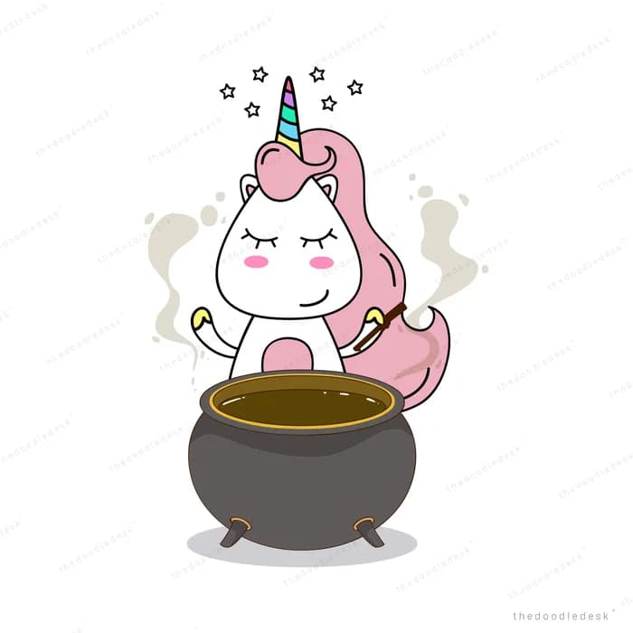 Unicorn stirring a steaming black cauldron with stars overhead