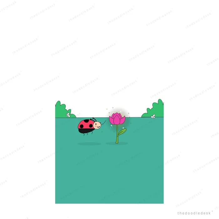 Ladybug facing a small pink flower on a green field