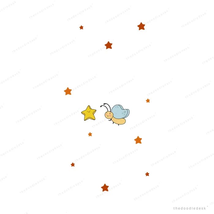 Tiny winged snail beside a small star on a mostly empty field of scattered stars
