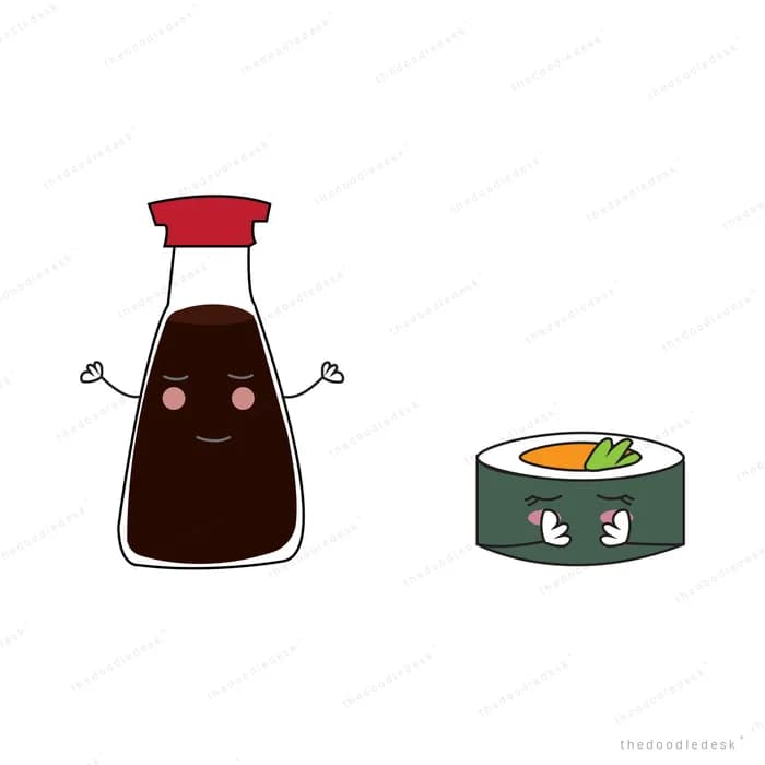 Soy sauce bottle character standing beside a sushi roll character