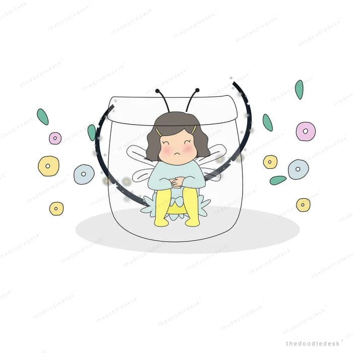 Girl with antennae sitting inside a glass jar strung with lights among floating leaves