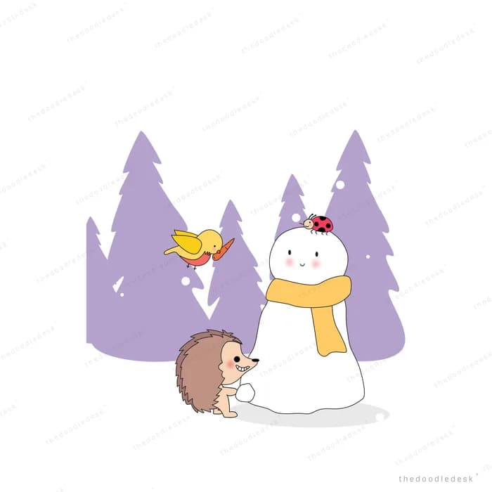 Snowman in a yellow scarf with a hedgehog and a bird among purple pines