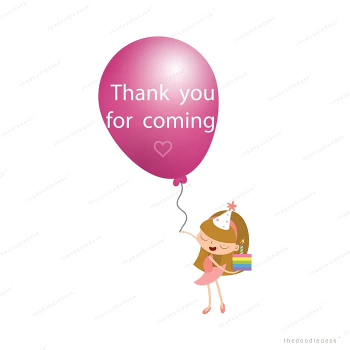 Fairy girl carrying a gift while holding a pink thank you balloon