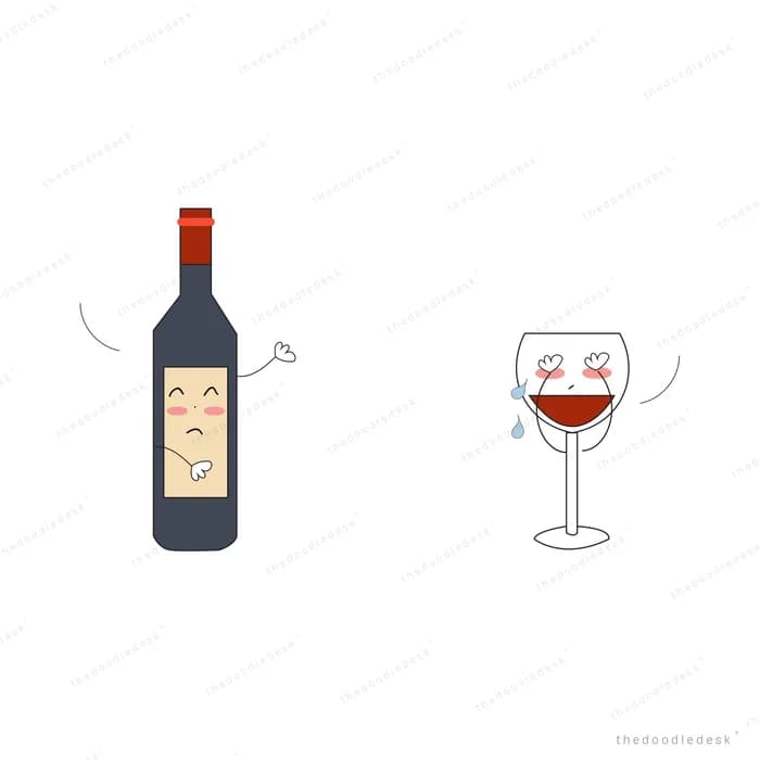 Gloomy wine bottle character beside a crying glass of red wine