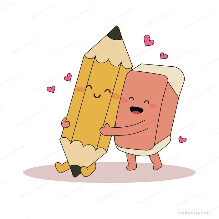 Pencil and eraser characters hugging surrounded by hearts