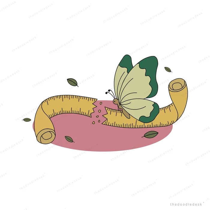 Butterfly resting on a rolled scroll lying on pink ground with drifting leaves