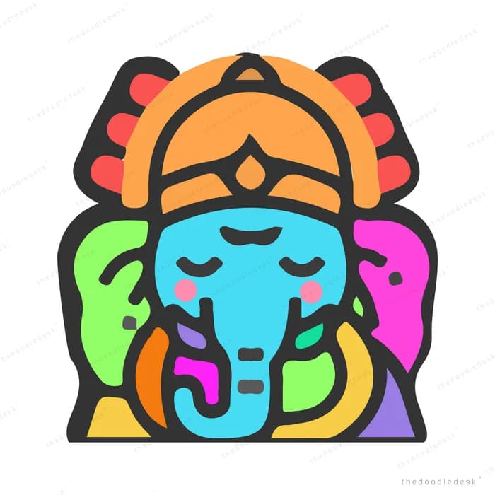 Colourful ganesha head with a crown and closed eyes