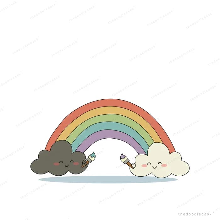 Rainbow arching between a smiling dark cloud and a white cloud holding brushes