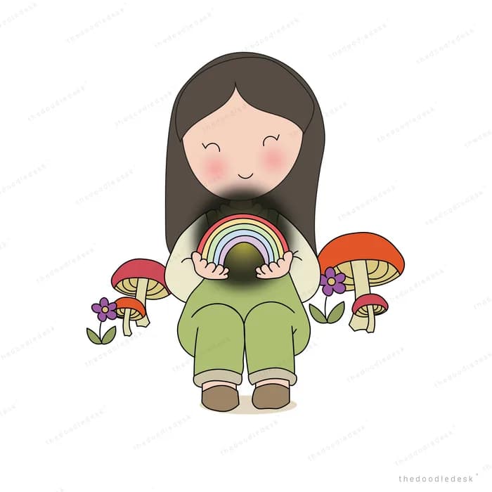 Girl sitting holding a small rainbow in her lap among giant mushrooms