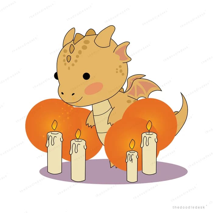 Golden dragon standing among tall lit candles
