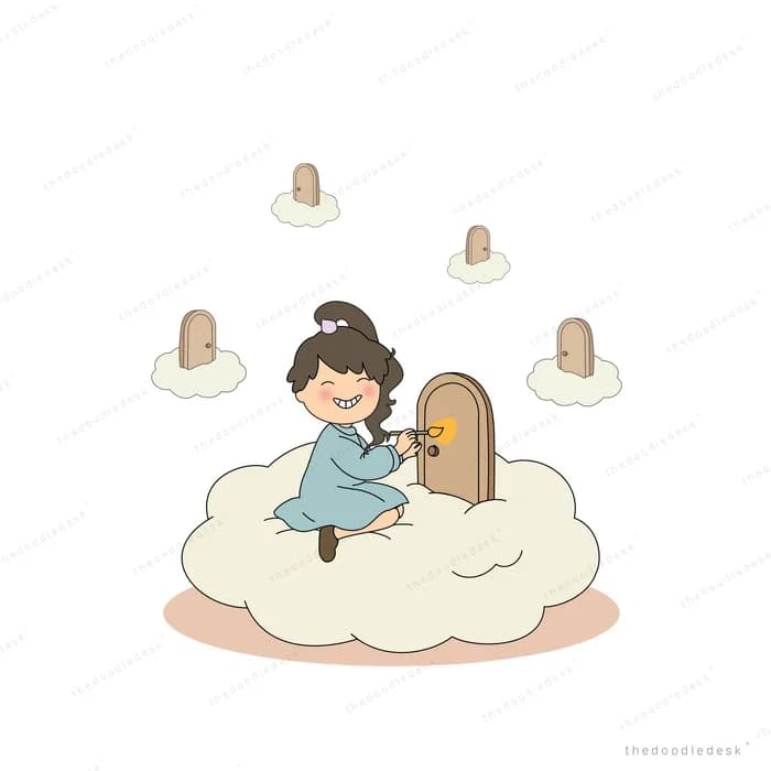 Girl sitting on a cloud unlocking a small door with a golden key