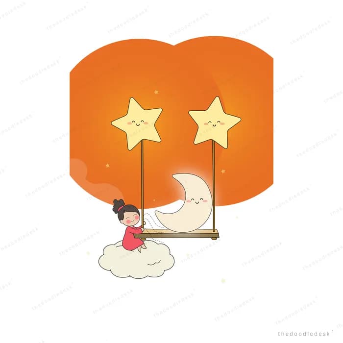 Girl sitting on a cloud beside a swing hung between two stars and a moon