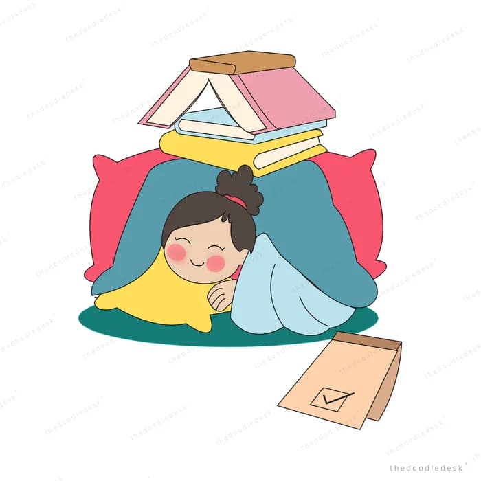 Pillow fort of cushions and blankets topped with a stack of books and a checklist
