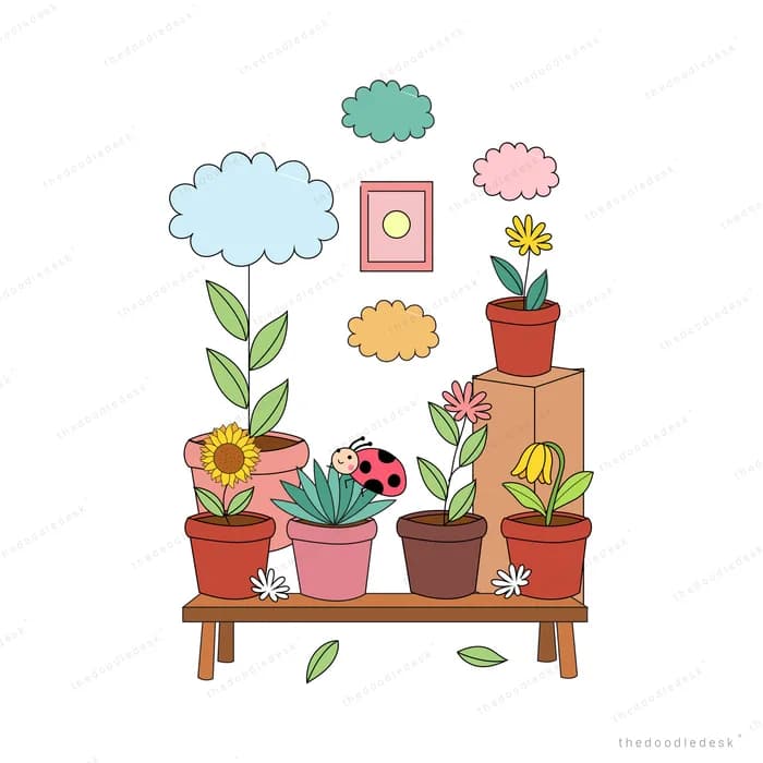 Wooden shelf of potted plants with a ladybug and clouds above