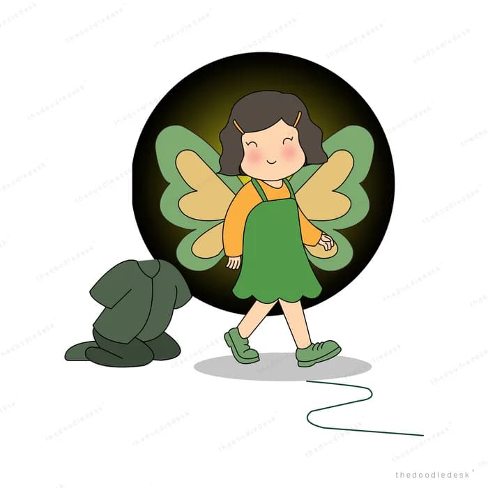 Girl with butterfly wings walking away from a discarded grey bundle in a dark circle
