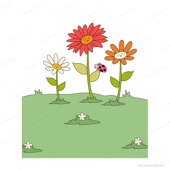 Red and white daisies growing in the grass with a ladybug on a leaf