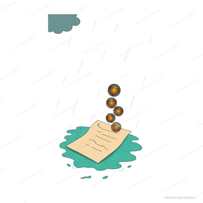A handwritten letter lying on teal water with red heart seals stacked above it