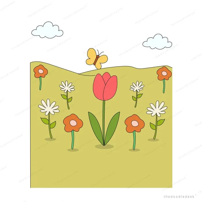 A red tulip standing tall among small flowers in a green meadow with a butterfly