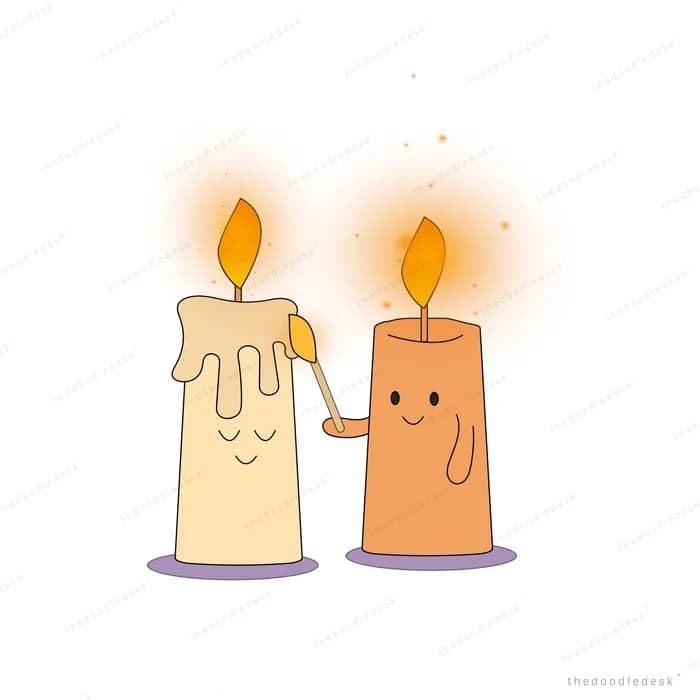 A tall lit candle passing its flame to a shorter candle beside it