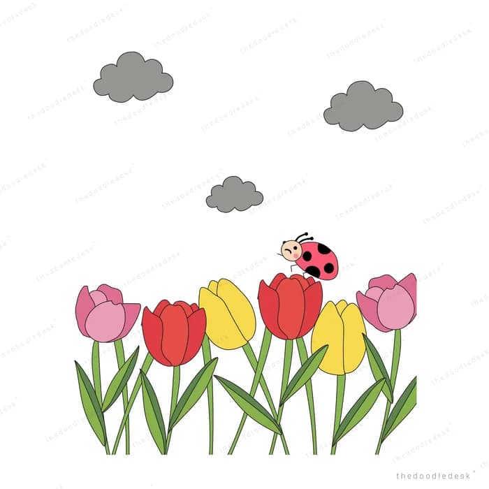 A ladybug resting on a row of red pink and yellow tulips under grey clouds