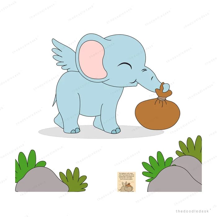 Winged blue elephant standing on the ground among rocks and plants