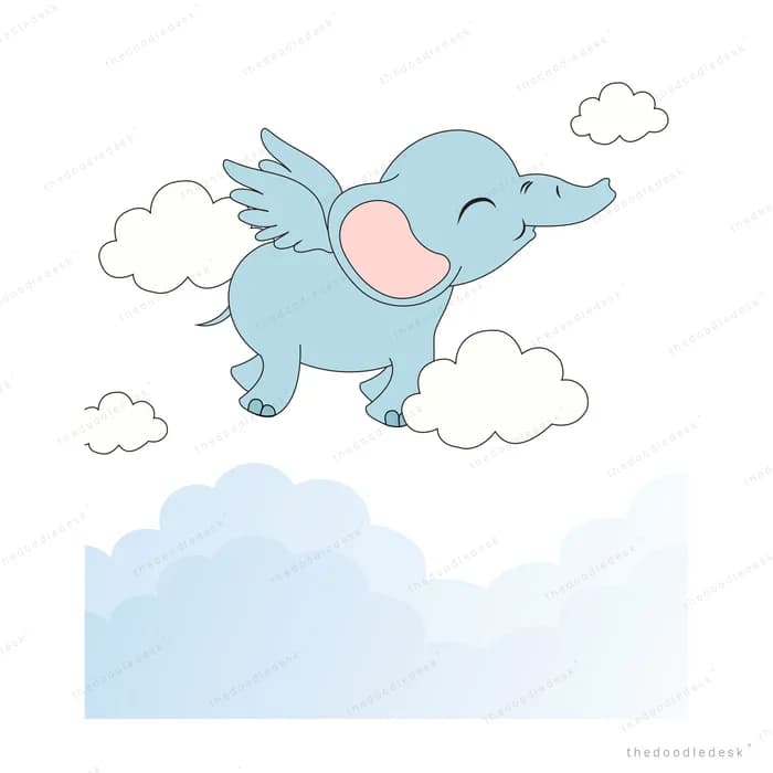 Winged blue elephant flying above a bank of clouds