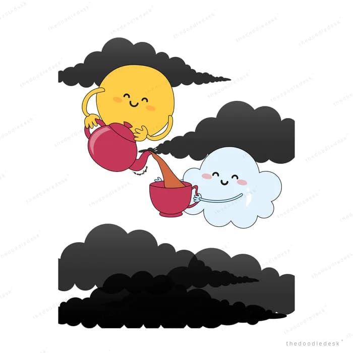 A smiling sun pouring tea from a red pot into a cup held by a smiling cloud above dark mountains