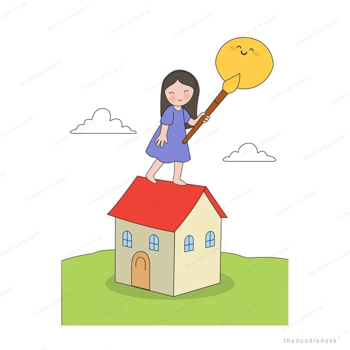 Girl standing on a red-roofed house holding a sun up on a stick